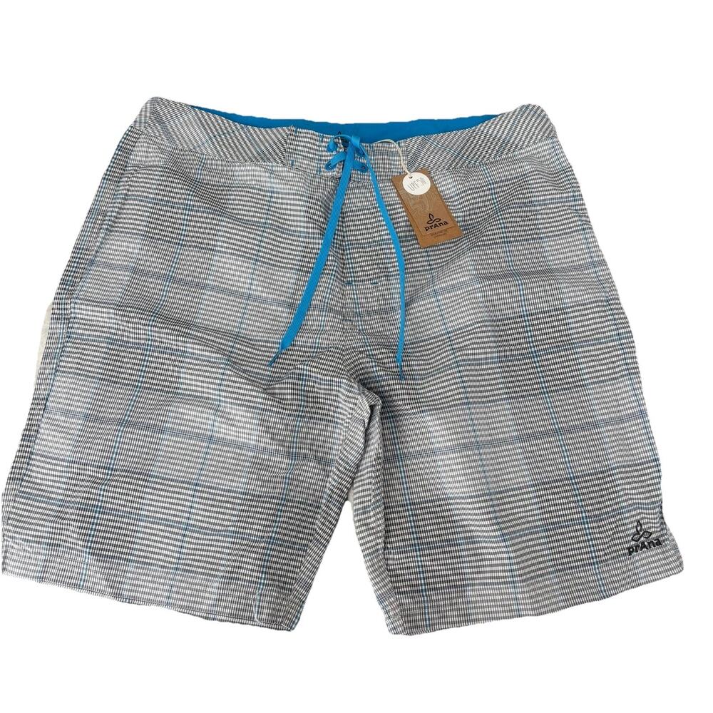 PrAna El Porto Gray & Blue Plaid Board Shorts Men's Size 38 10" Inseam NWT